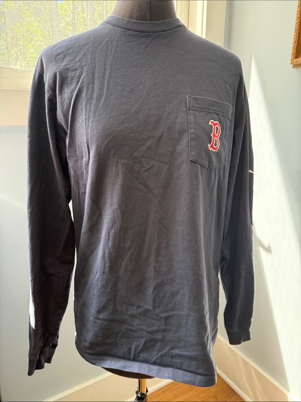 Unisex Long-Sleeve Pocket Tee with Red 'B' Boston Red Sox Logo - Dark Navy